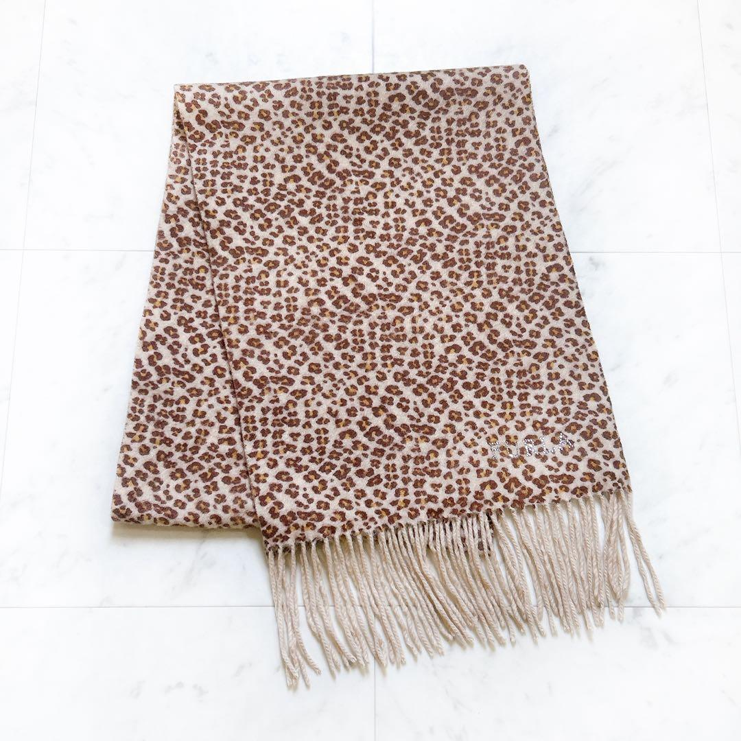 美品 FURLA フルラ カシミヤ レオパード マフラー ラインストーンロゴ入り