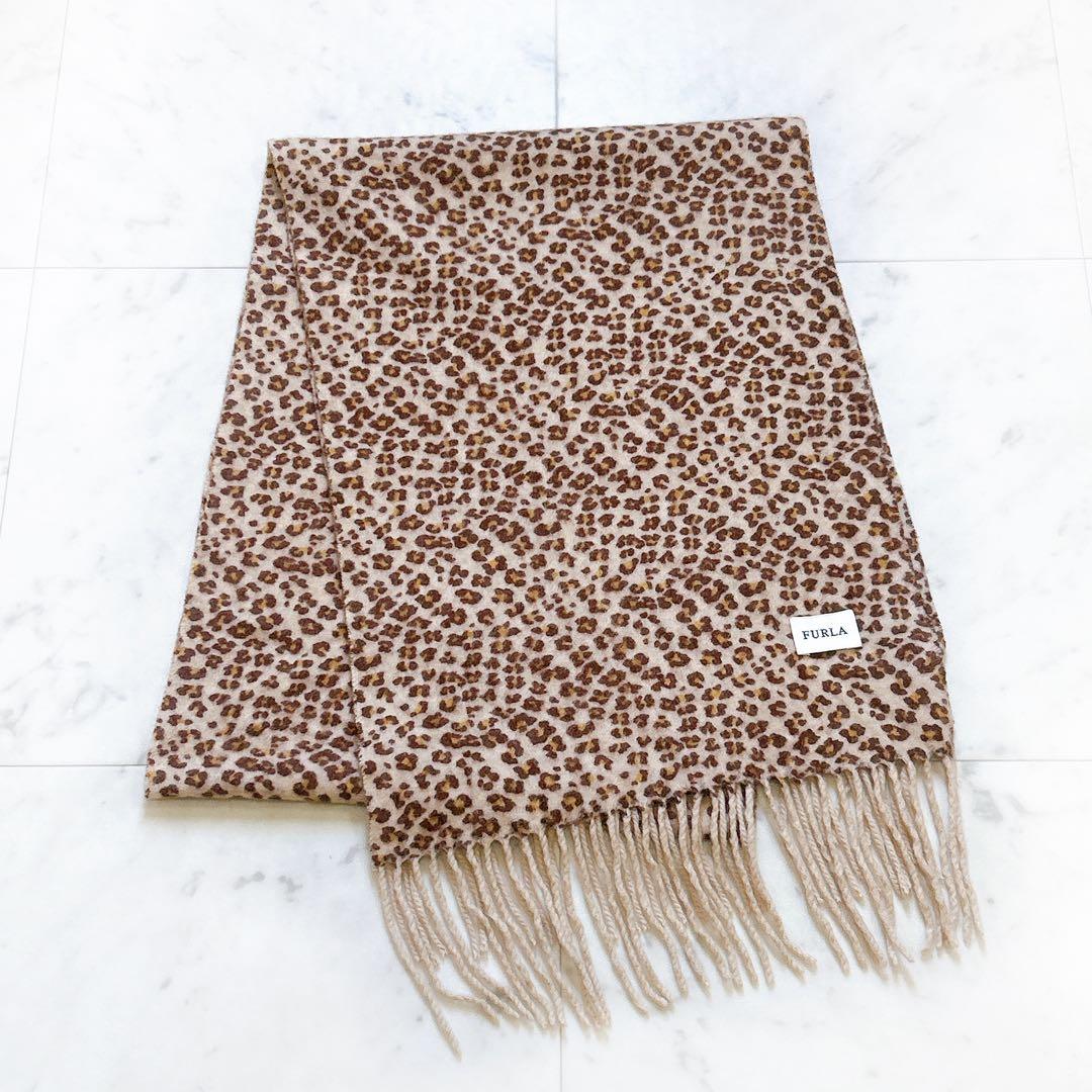 美品 FURLA フルラ カシミヤ レオパード マフラー ラインストーンロゴ入り