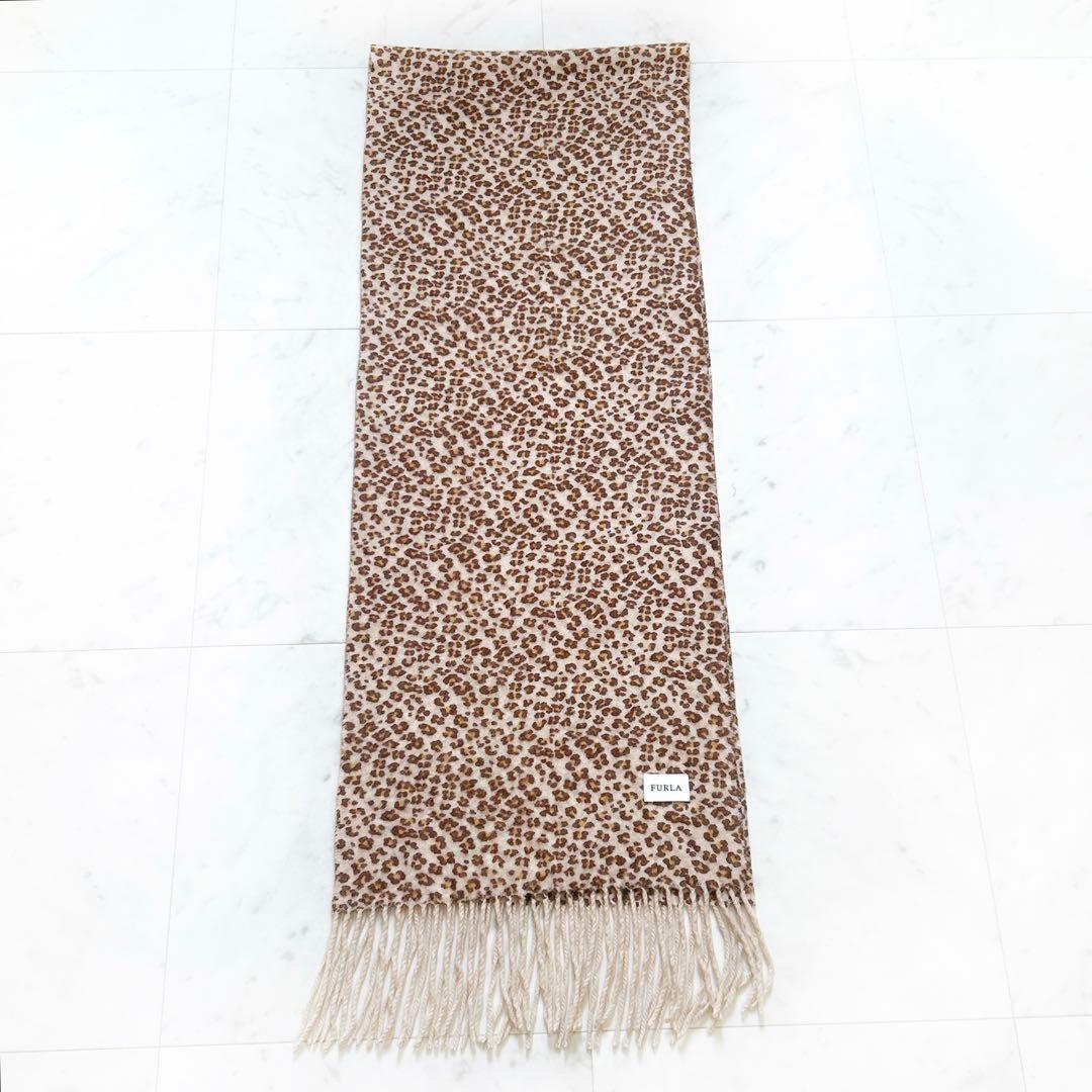 美品 FURLA フルラ カシミヤ レオパード マフラー ラインストーンロゴ入り