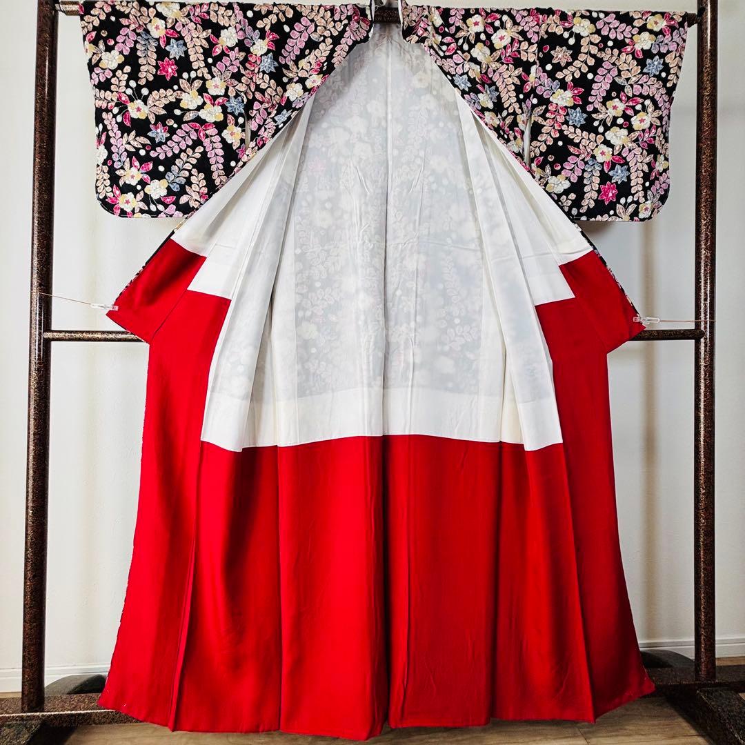 しつけ付き　正絹　現代　着物　小紋　162裄69.5 辻が花　黒　ピンク　紫