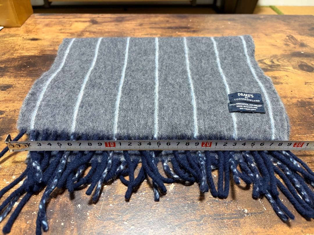 DRAKE'S ウール マフラー グレー ネイビー ストライプ