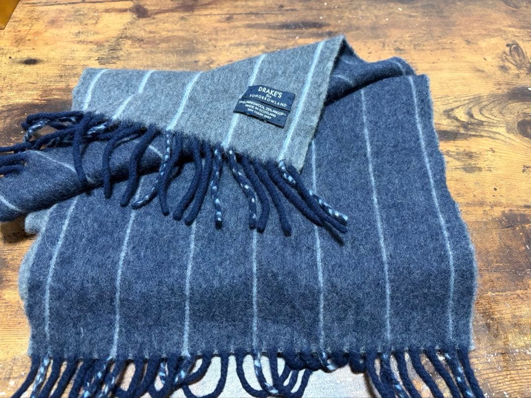 DRAKE'S ウール マフラー グレー ネイビー ストライプ