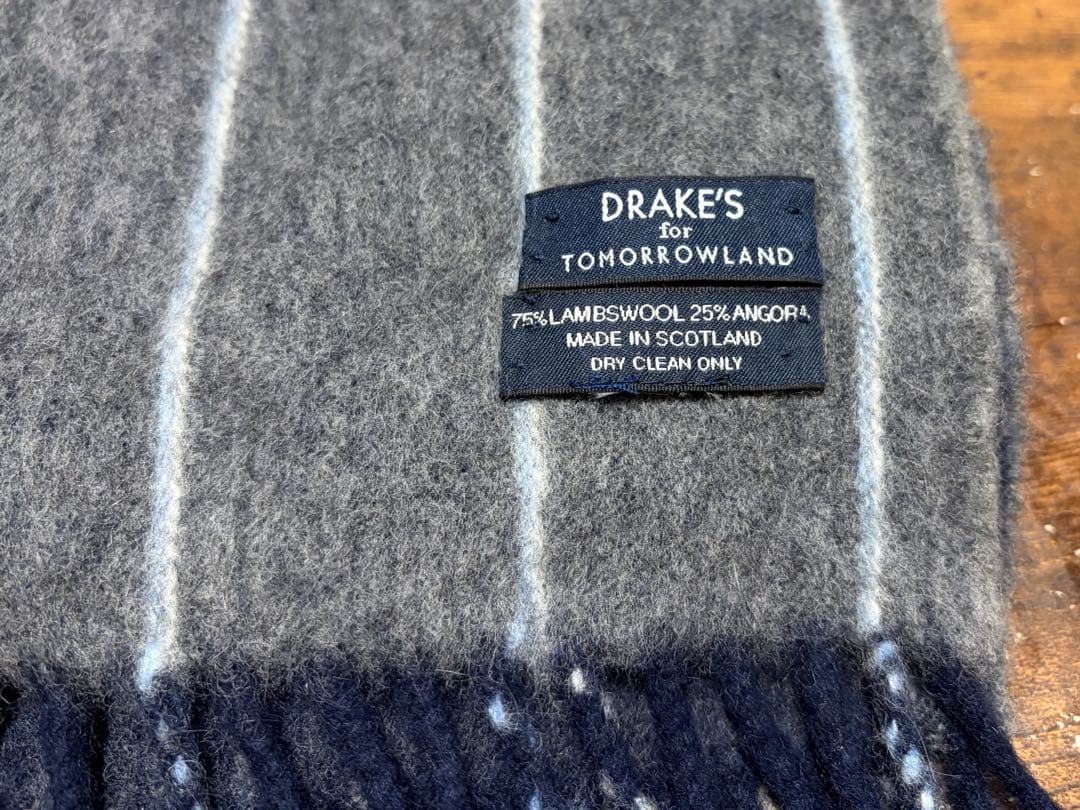 DRAKE'S ウール マフラー グレー ネイビー ストライプ