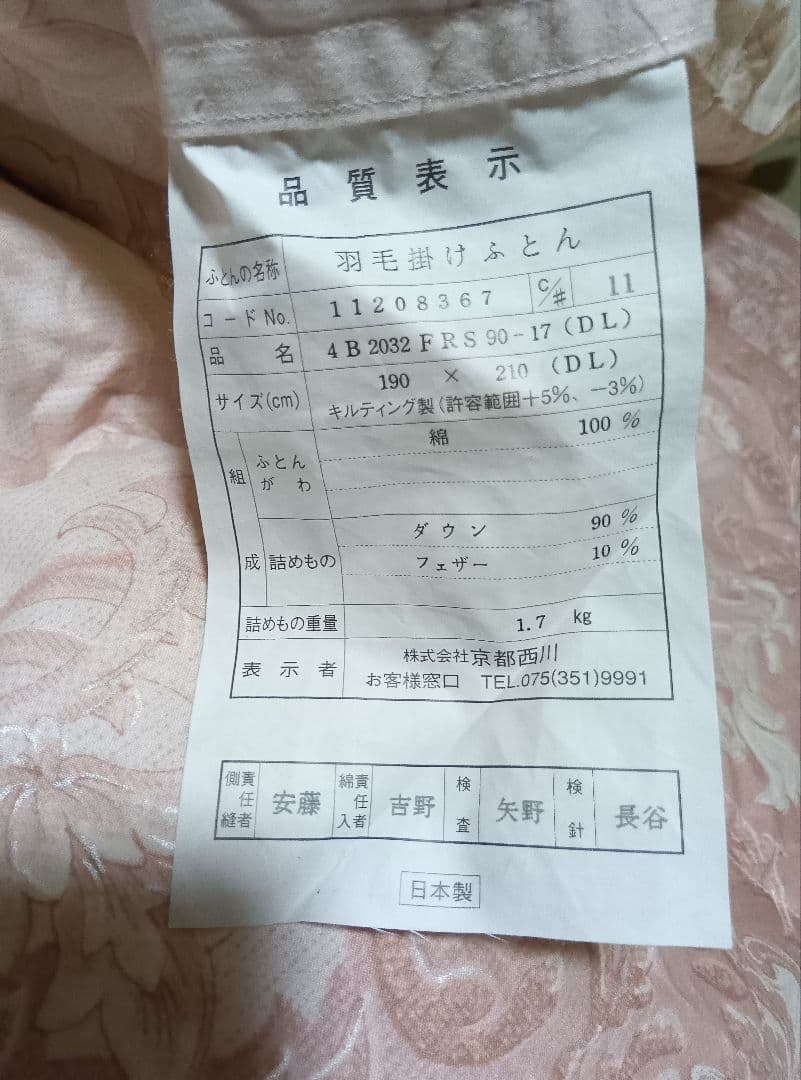 京都西川　StarCandy ピンク花柄羽毛掛け布団 ダブル190x210cm