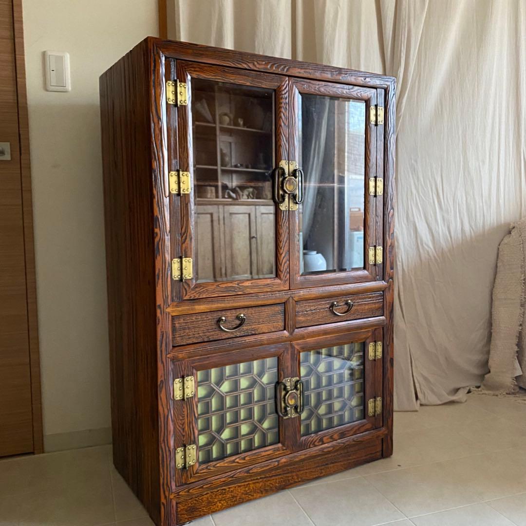 李朝家具　アンティーク　ガラスキャビネット　飾り棚　薬箪笥　中国家具　和家具