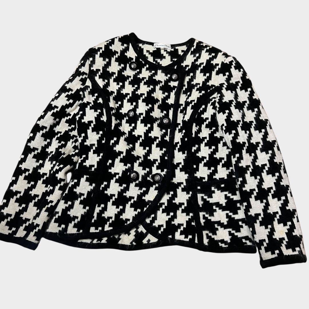 クリスチャンディオール ノーカラージャケット 千鳥柄 CDロゴボタン ウール L