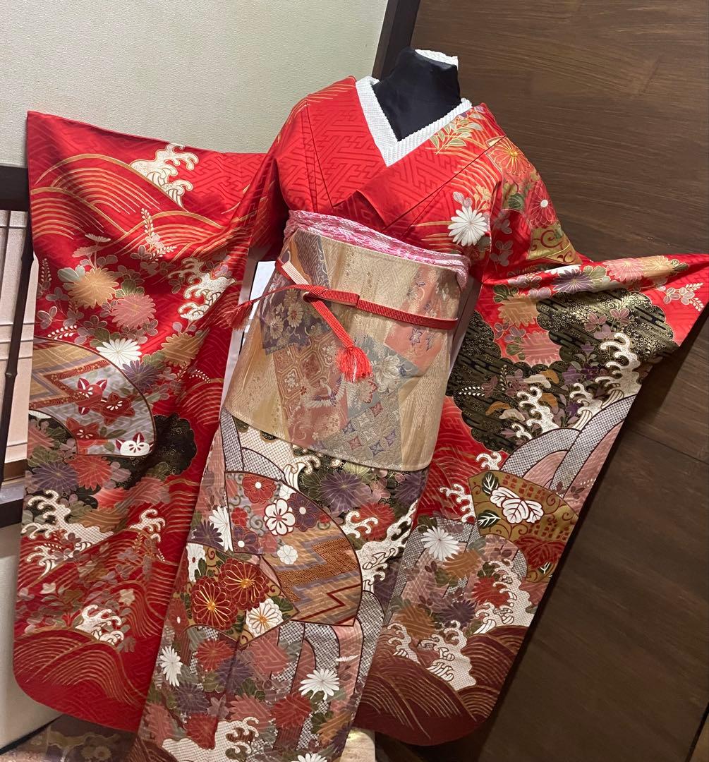 なのなのbox振袖長襦袢サイズS〜M 正絹　花柄 波模様