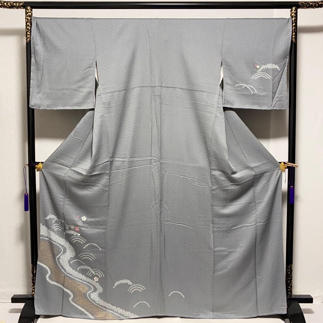 D182 訪問着　絞り　桜刺繍　流水　正絹　着物　袷　しつけ糸付き未使用極美品