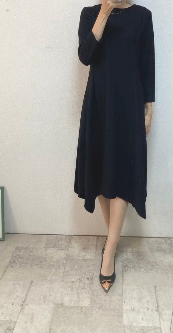 モラビト　アシメトリーロングワンピース 38 ブラック　ウール100%