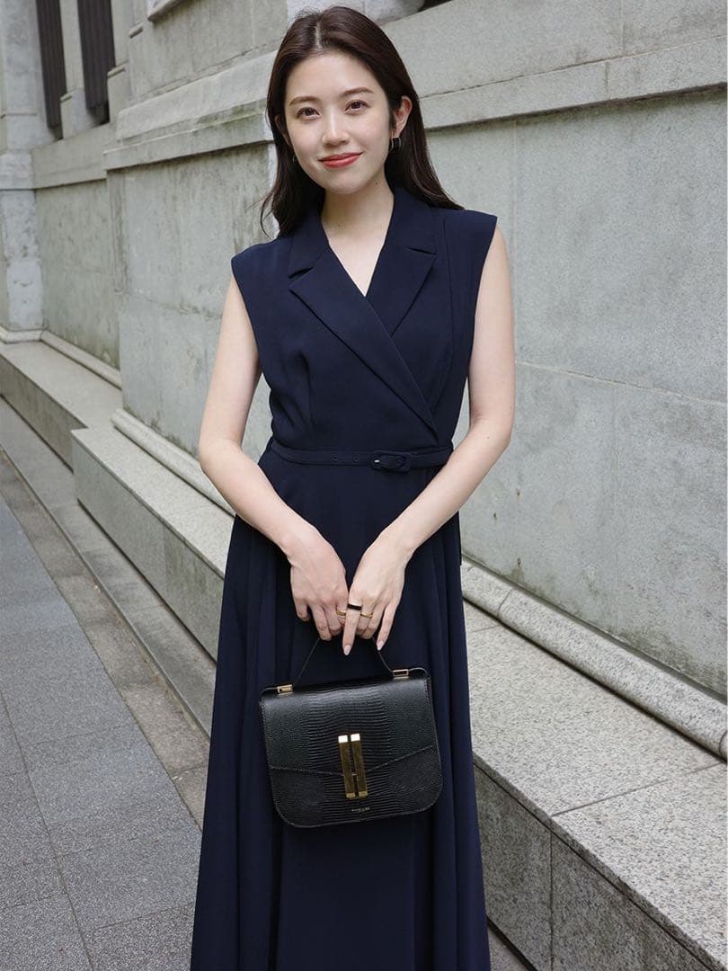 anuans アニュアンス ダブルサテンテーラードフレアワンピース ネイビー M