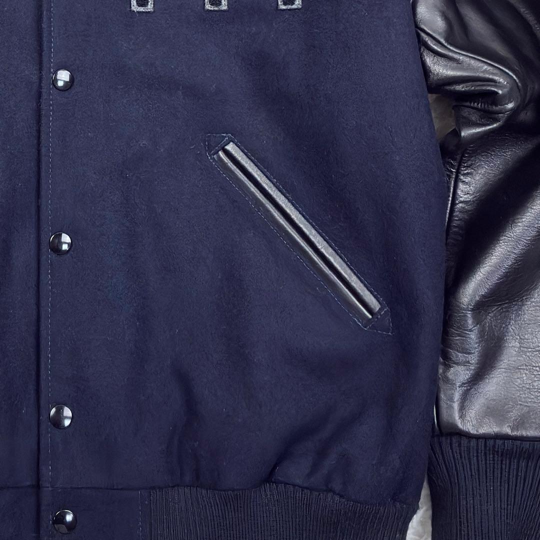 美品　スクーカム　ビームス別注　袖レザー　ウールメルトン　スタジャン　L　黒　紺