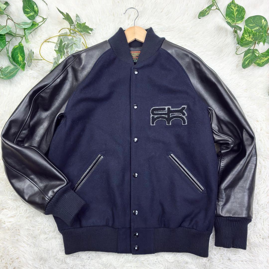 美品　スクーカム　ビームス別注　袖レザー　ウールメルトン　スタジャン　L　黒　紺