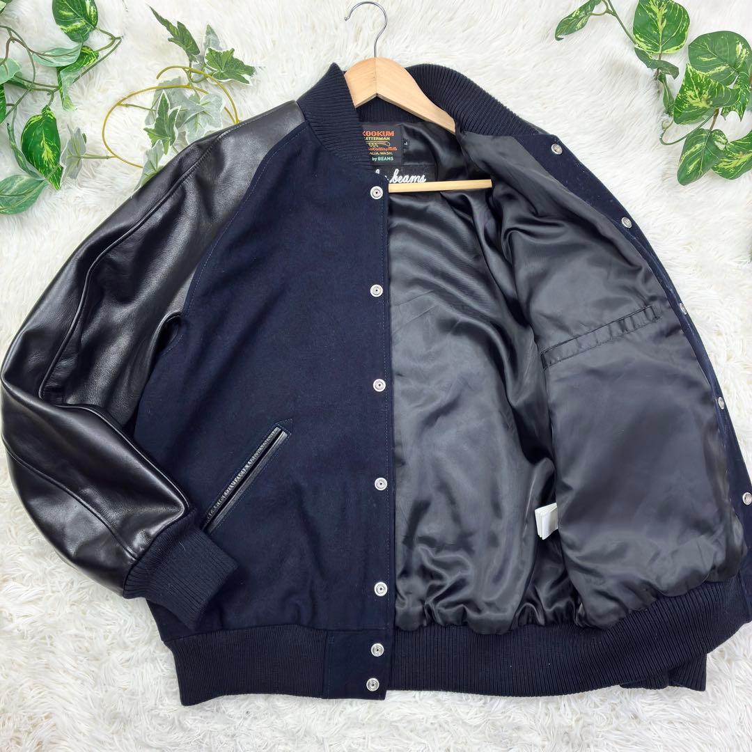 美品　スクーカム　ビームス別注　袖レザー　ウールメルトン　スタジャン　L　黒　紺