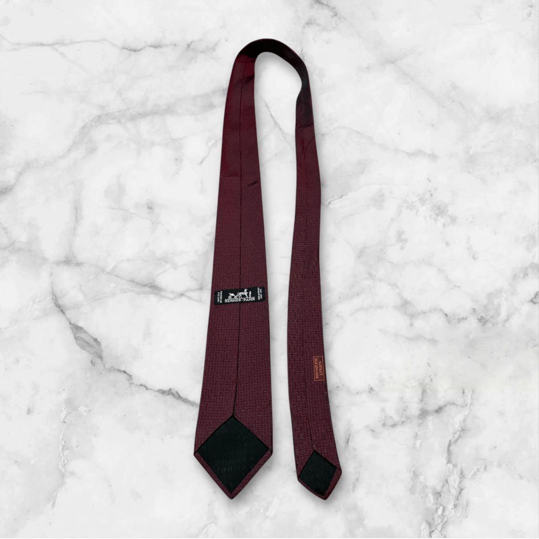 【箱付き】HERMES エルメス　ネクタイ　エンジ 三つ葉刺繍　H柄