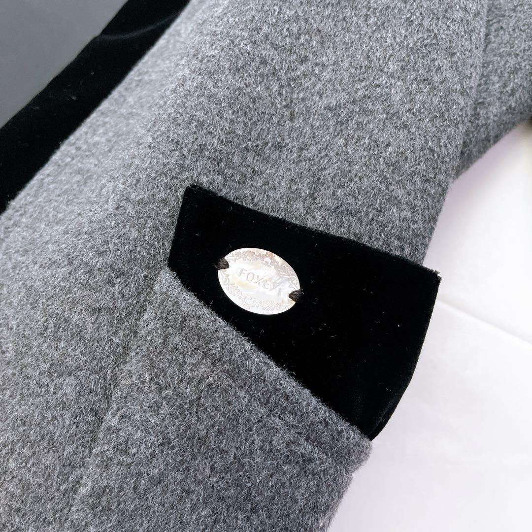 極美品✨フォクシー ノーカラージャケット カシミヤ混 パイピング ロゴ入り 38
