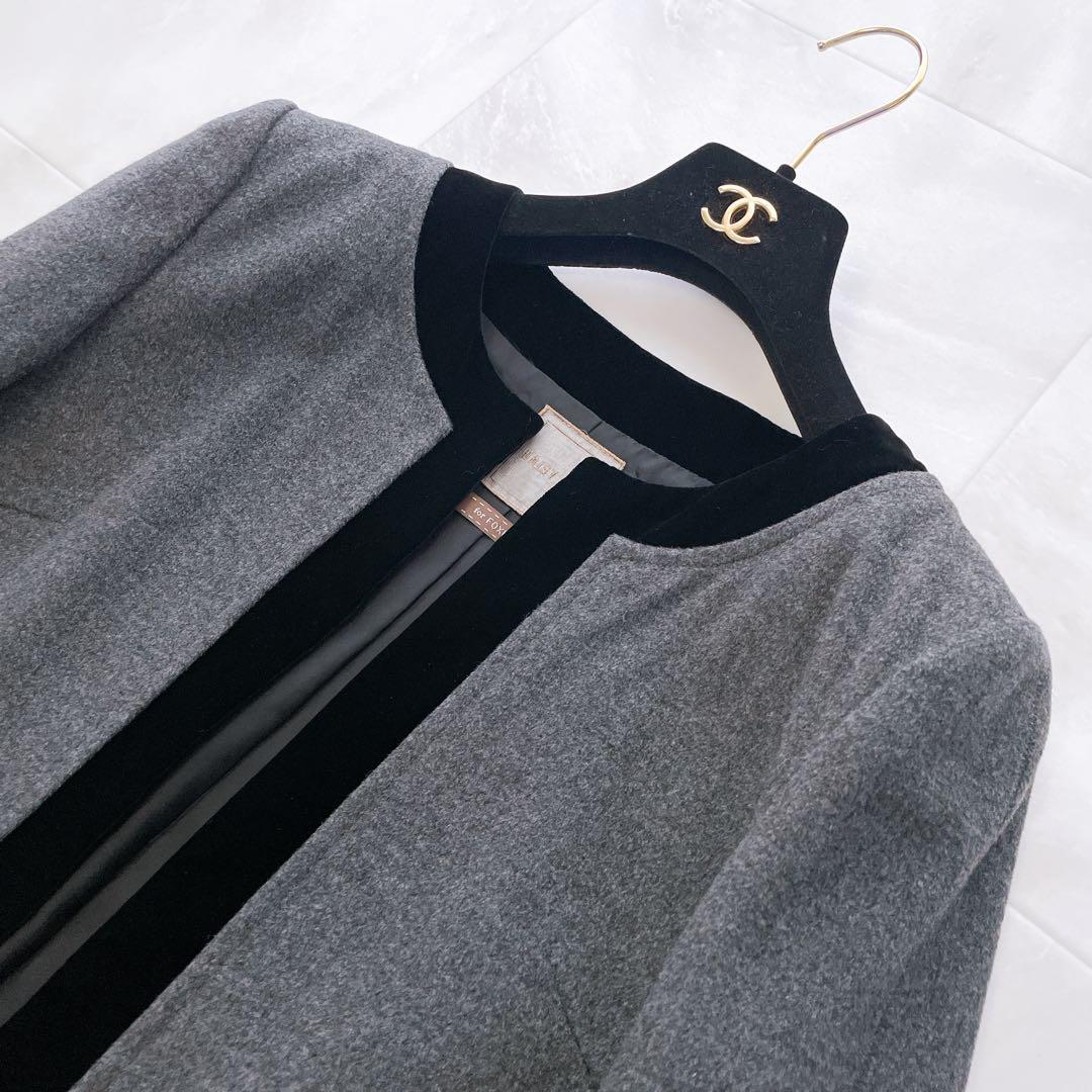 極美品✨フォクシー ノーカラージャケット カシミヤ混 パイピング ロゴ入り 38