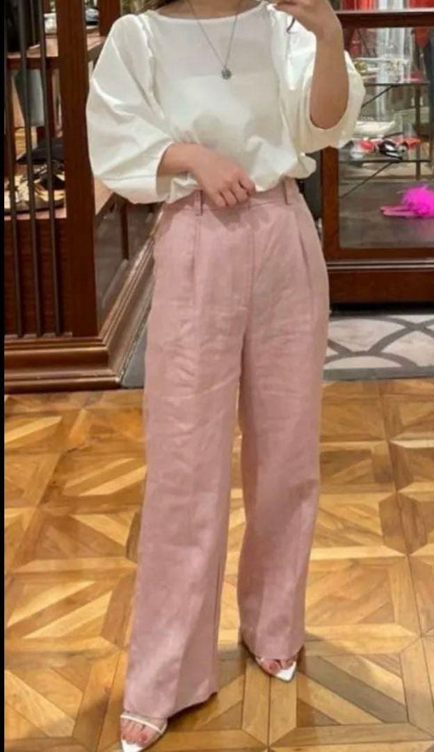 ラウンジドレス　完売　リネンパンツ　ピンク　リネンセミワイドパンツ　新品