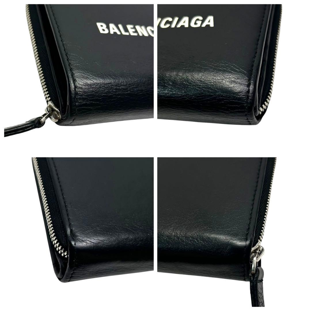 バレンシアガ 二つ折り財布 エブリデイ ロゴ ファスナー レザー ブラック　黒