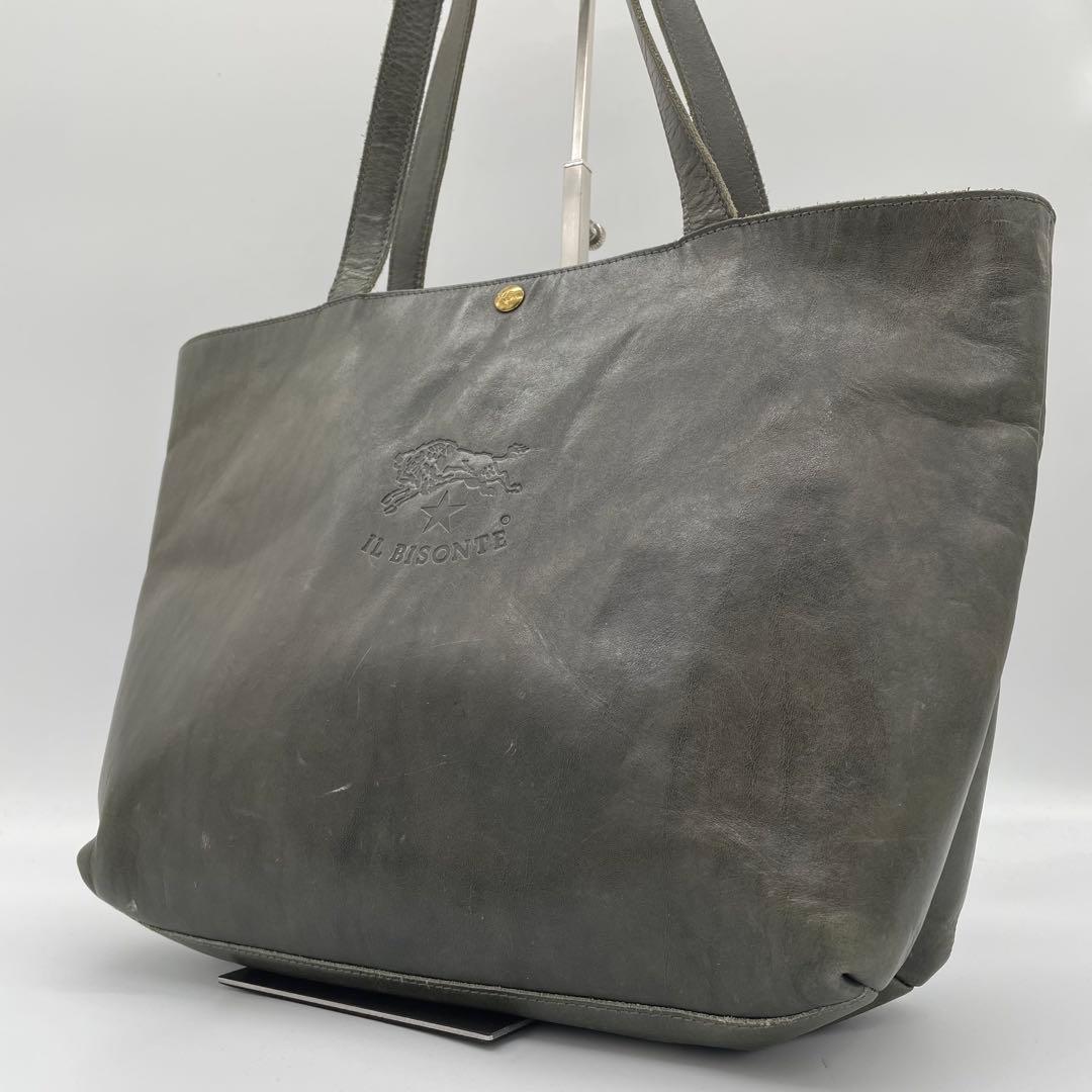 【美品】イルビゾンテ　トートバッグ　ハンドバッグ　カーキ　ロゴ型押し　A4可能