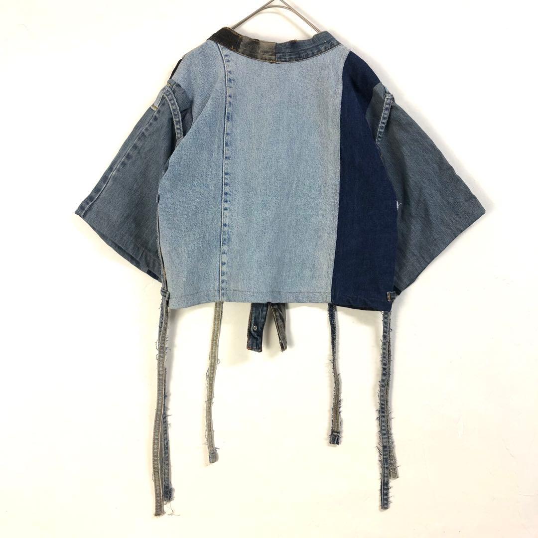 2868 デニム　リメイク　再構築　ジャケット　ロゴ　切替　パッチワーク L