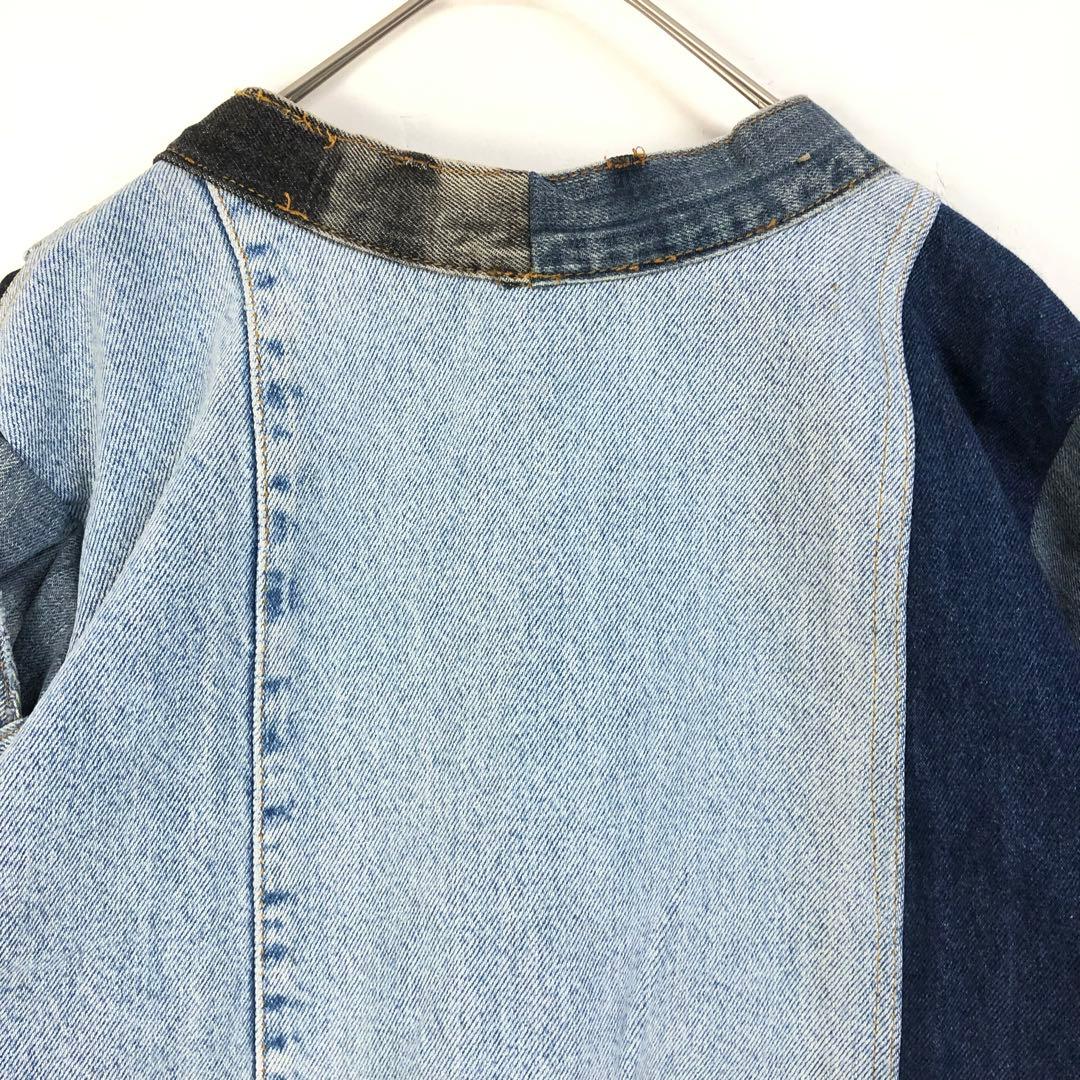 2868 デニム　リメイク　再構築　ジャケット　ロゴ　切替　パッチワーク L