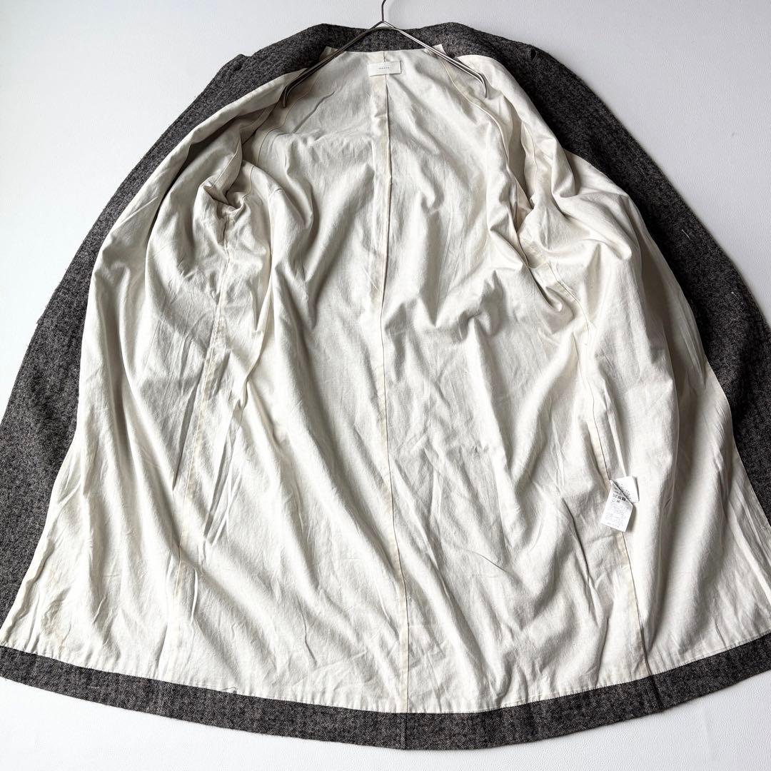 2950y美品　かぐれ　ヘリンボーンロングウールリネンコート グレー