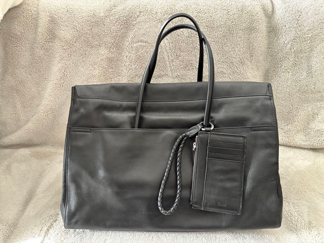 Hoaw. ブラックレザー　フラップボストンバッグ カードケース付き