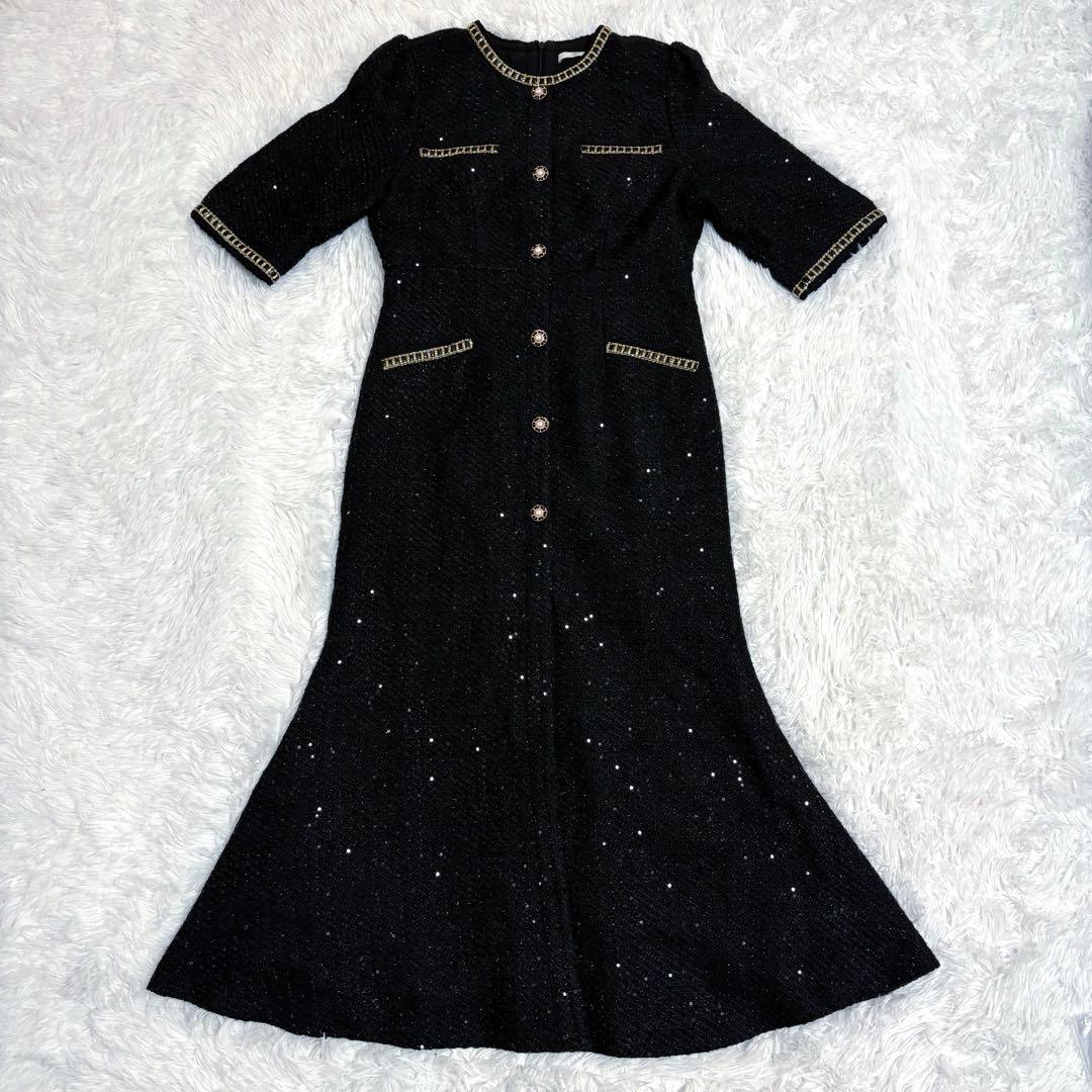 美品　Leja ラメ混ツイードレザーパイピングマーメイドロング丈ドレス