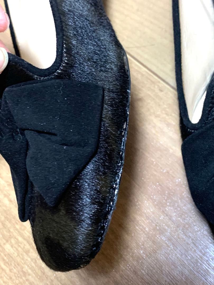 PRADA プラダ リボン付き フラットパンプス ブラック ハラコ調 37