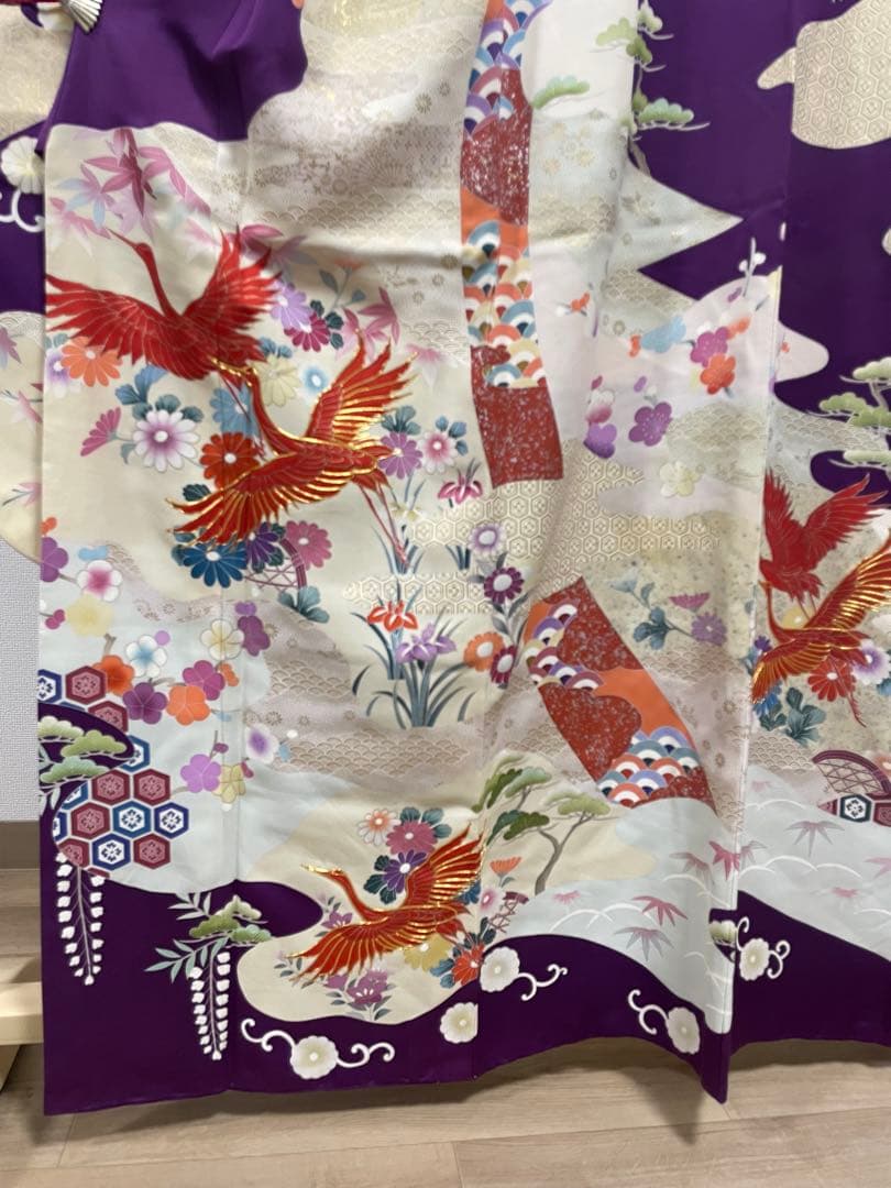 D 振袖襦袢セット 鶴に花々模様 金銀彩 金駒刺繍 正絹 袷 振袖 着物 K12