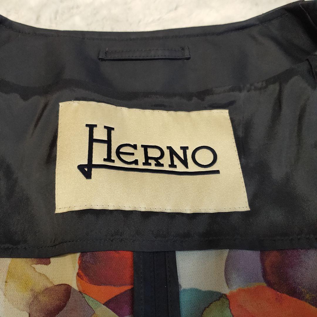 【希少 美品】ヘルノ ノーカラー ステンカラーコート ベルト付 花柄 総裏地