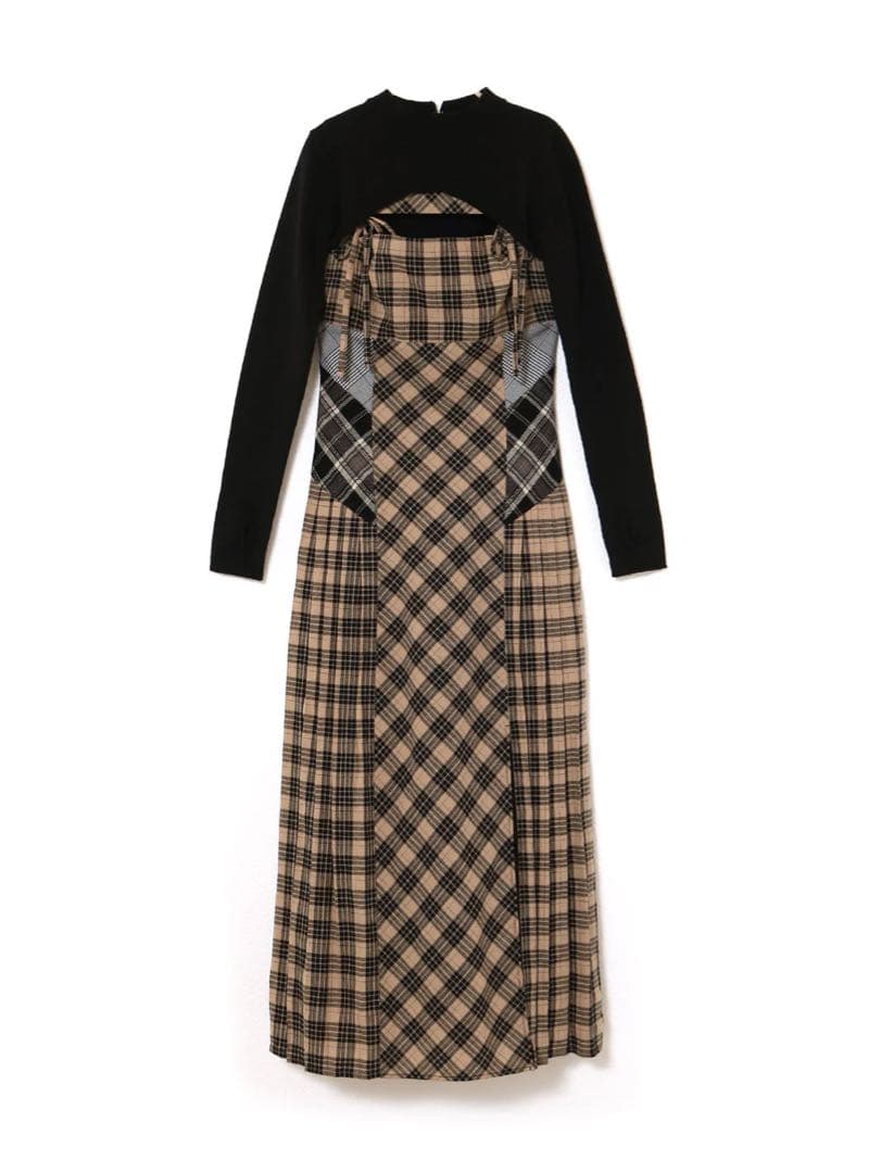 ワンピース Nadia check long dress beige