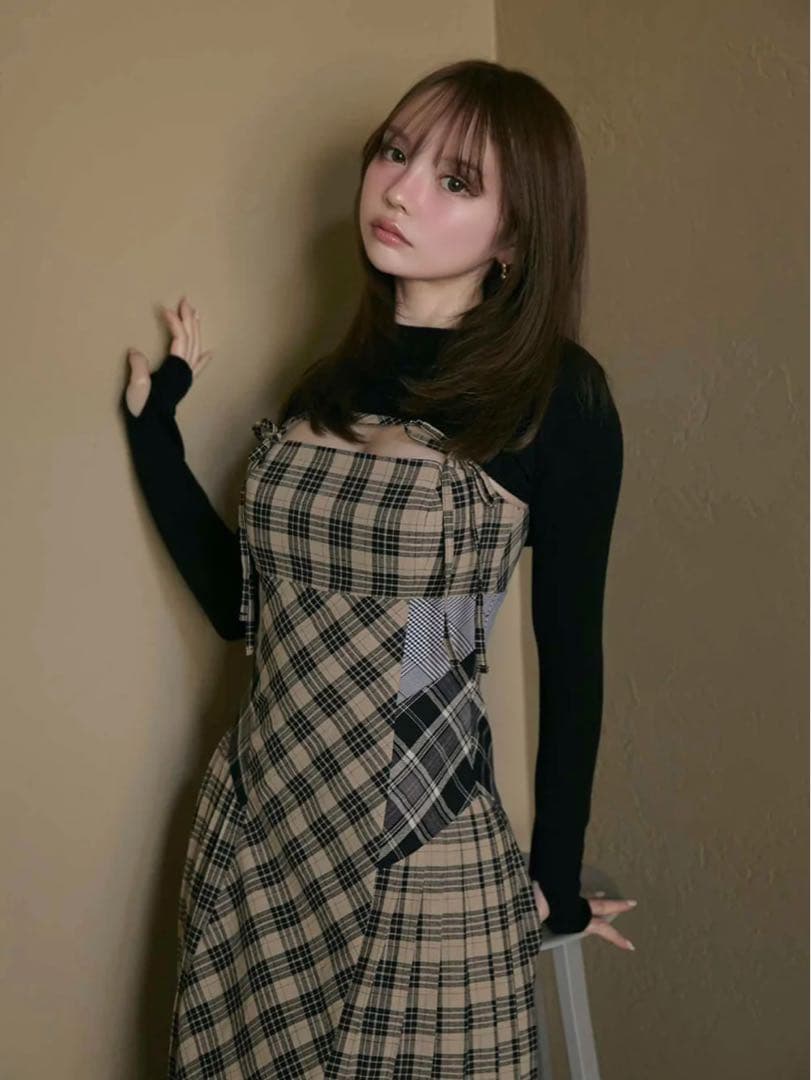 ワンピース Nadia check long dress beige