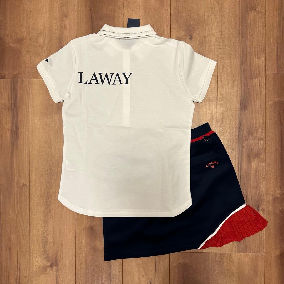 サイドプリーツスカート　半袖　ポロシャツ　春夏　ホワイト×ネイビー　セットアップ