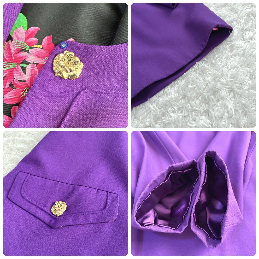 美品✨裏シルク100% レオナール ノーカラーコート 金ボタン 花 トリム 紫