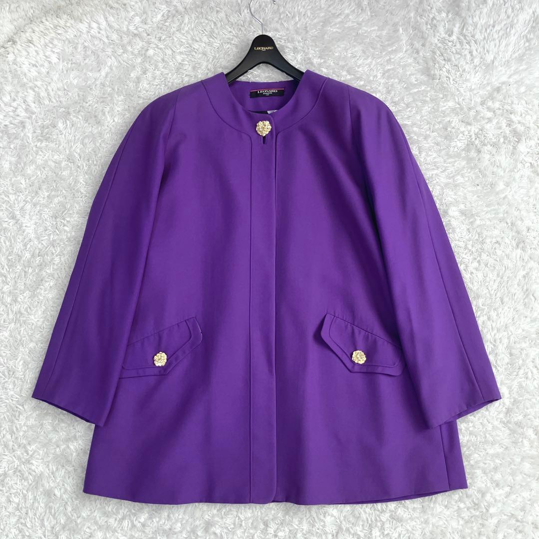 美品✨裏シルク100% レオナール ノーカラーコート 金ボタン 花 トリム 紫