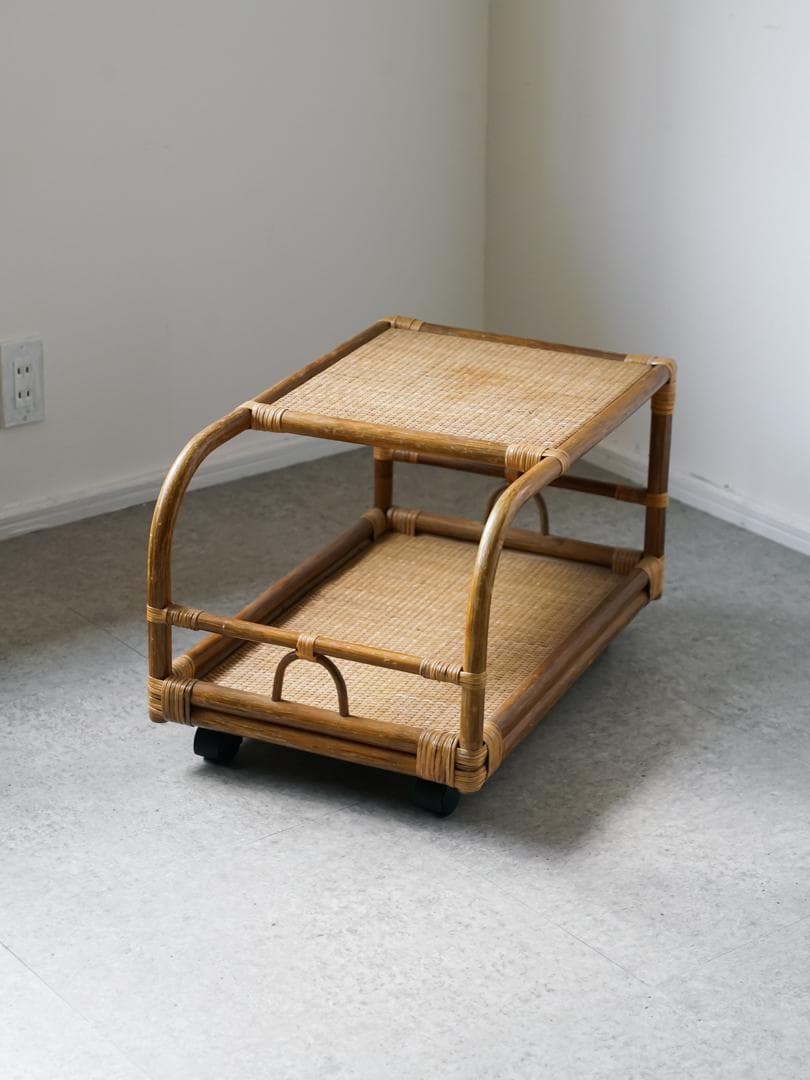 80-90's vintage ワゴンテーブル 藤 ラタン レトロモダン