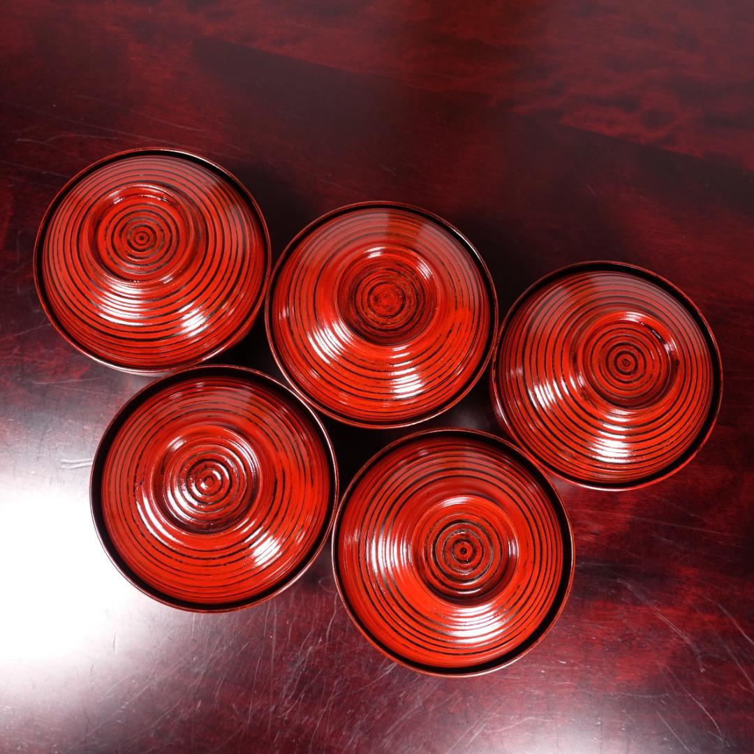 山中塗 喜八作 朱塗 内黒塗 見返結び松蒔絵 吸物椀 5客 共箱