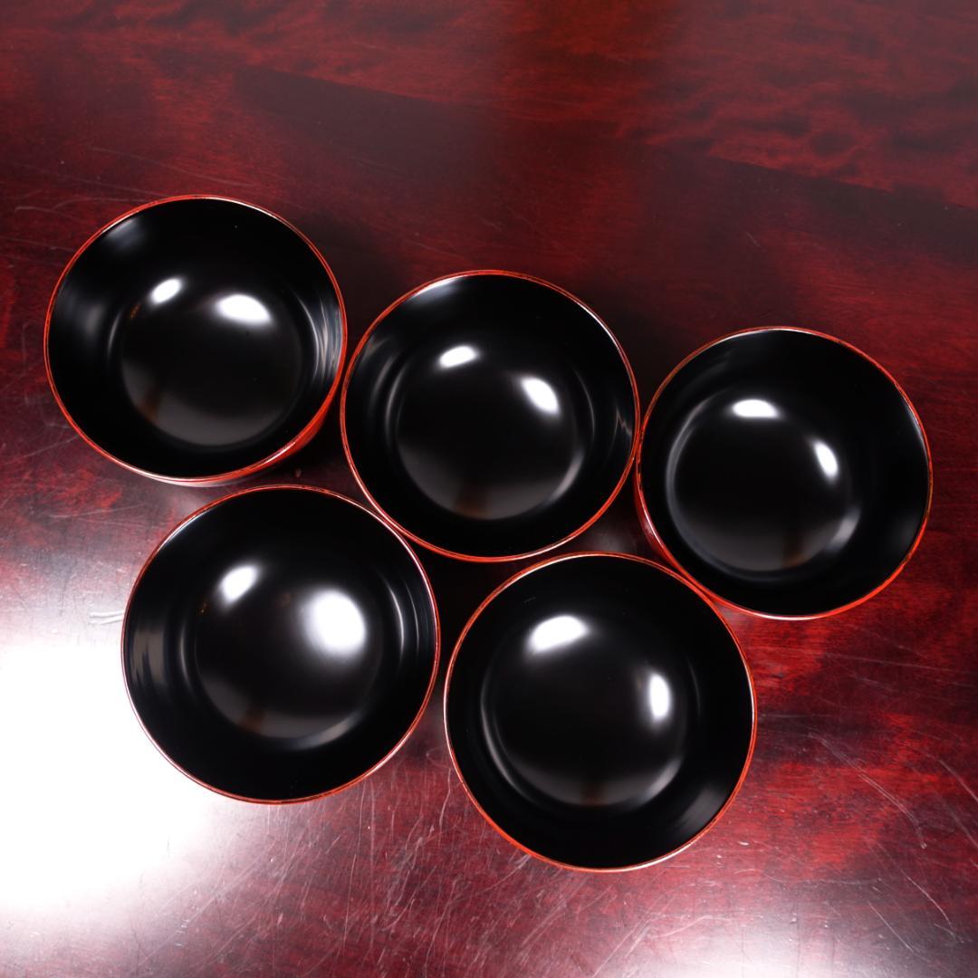 山中塗 喜八作 朱塗 内黒塗 見返結び松蒔絵 吸物椀 5客 共箱