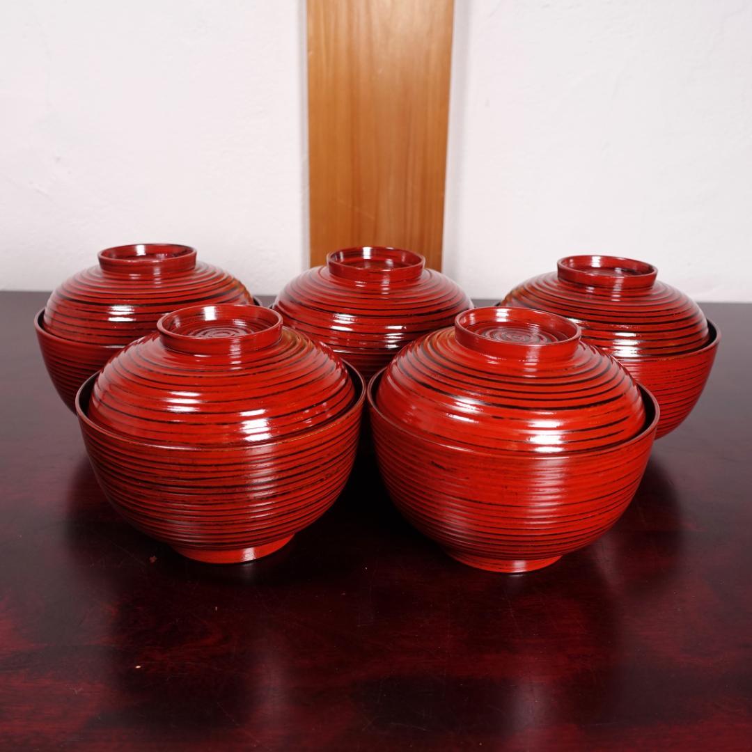 山中塗 喜八作 朱塗 内黒塗 見返結び松蒔絵 吸物椀 5客 共箱