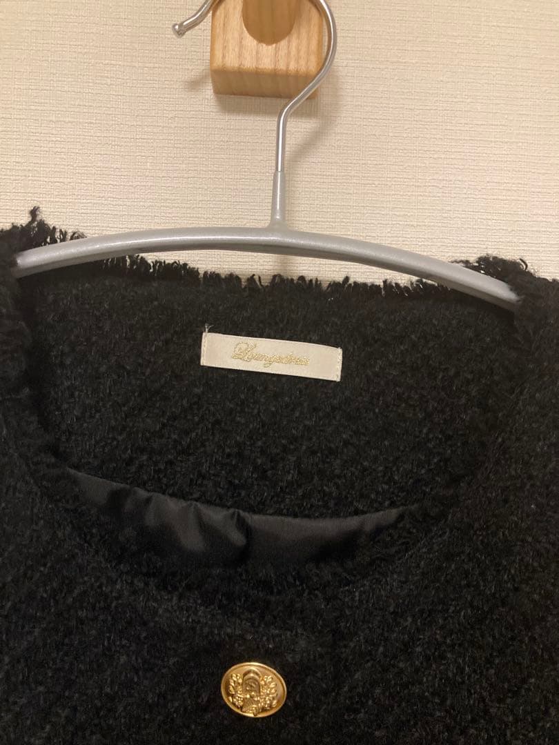 ラウンジドレスLoungedress ツイードノーカラージャケット　黒ブラック