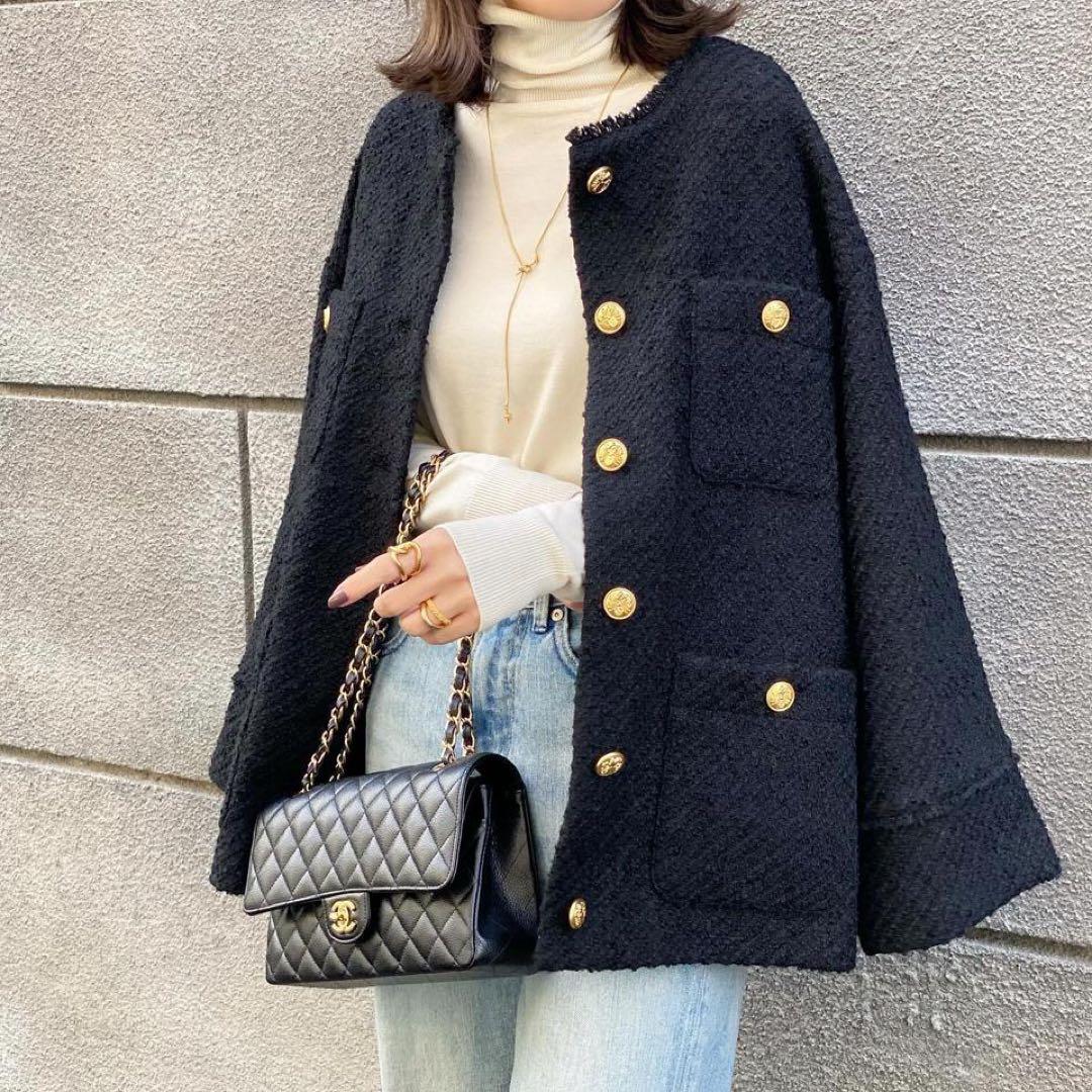 ラウンジドレスLoungedress ツイードノーカラージャケット　黒ブラック