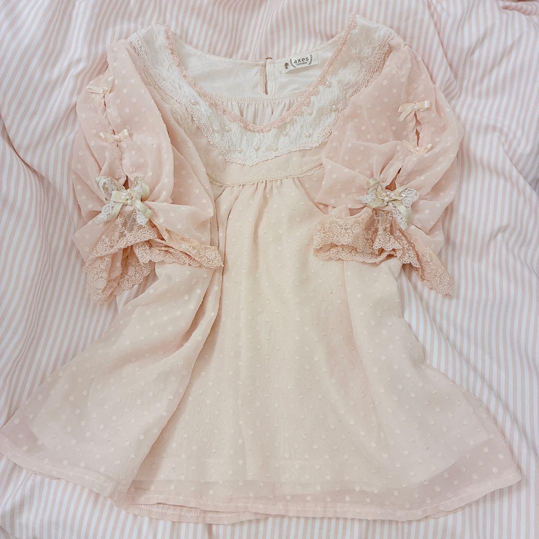 axes femme 2点セット 姫 ドット リボン ブラウス タートル 平成