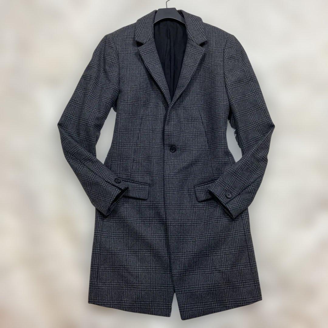 極美品オールセイエンツ チェスターコートグレンチェックイタリア製 ダークグレーM