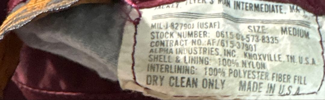 初期タグ　alpha USA製　ma-1 80s 希少ボルドーカラー　短丈　M
