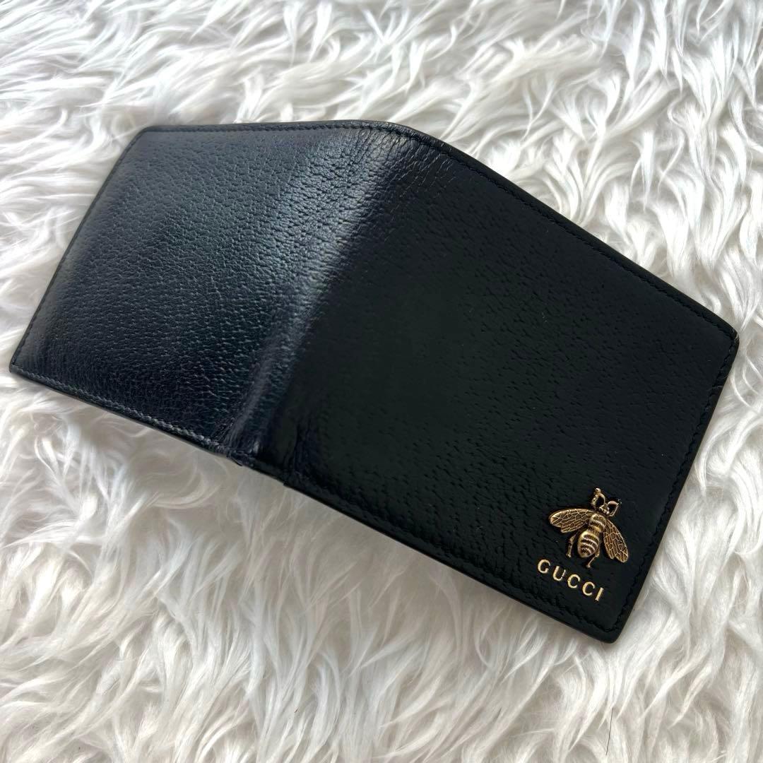 GUCCI グッチ 二つ折り財布 黒 レザー アニマリエ ゴールド金具 小銭入れ
