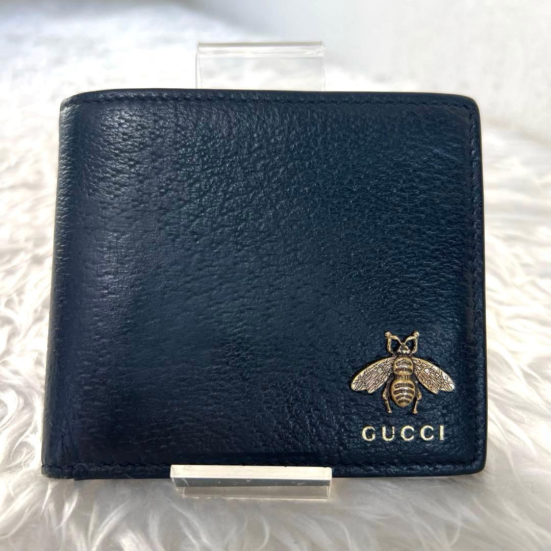 GUCCI グッチ 二つ折り財布 黒 レザー アニマリエ ゴールド金具 小銭入れ