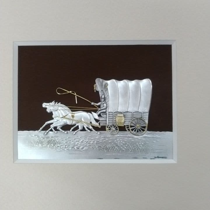 貴金属工芸品レリーフ　“幌馬車” 武比古　純銀製