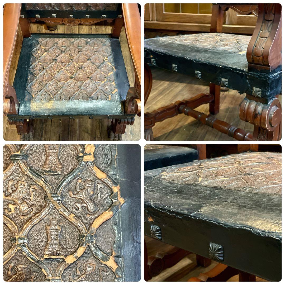 r106 スペイン製 本革型押し 迫力のある力強い印象のアンティークチェア2脚