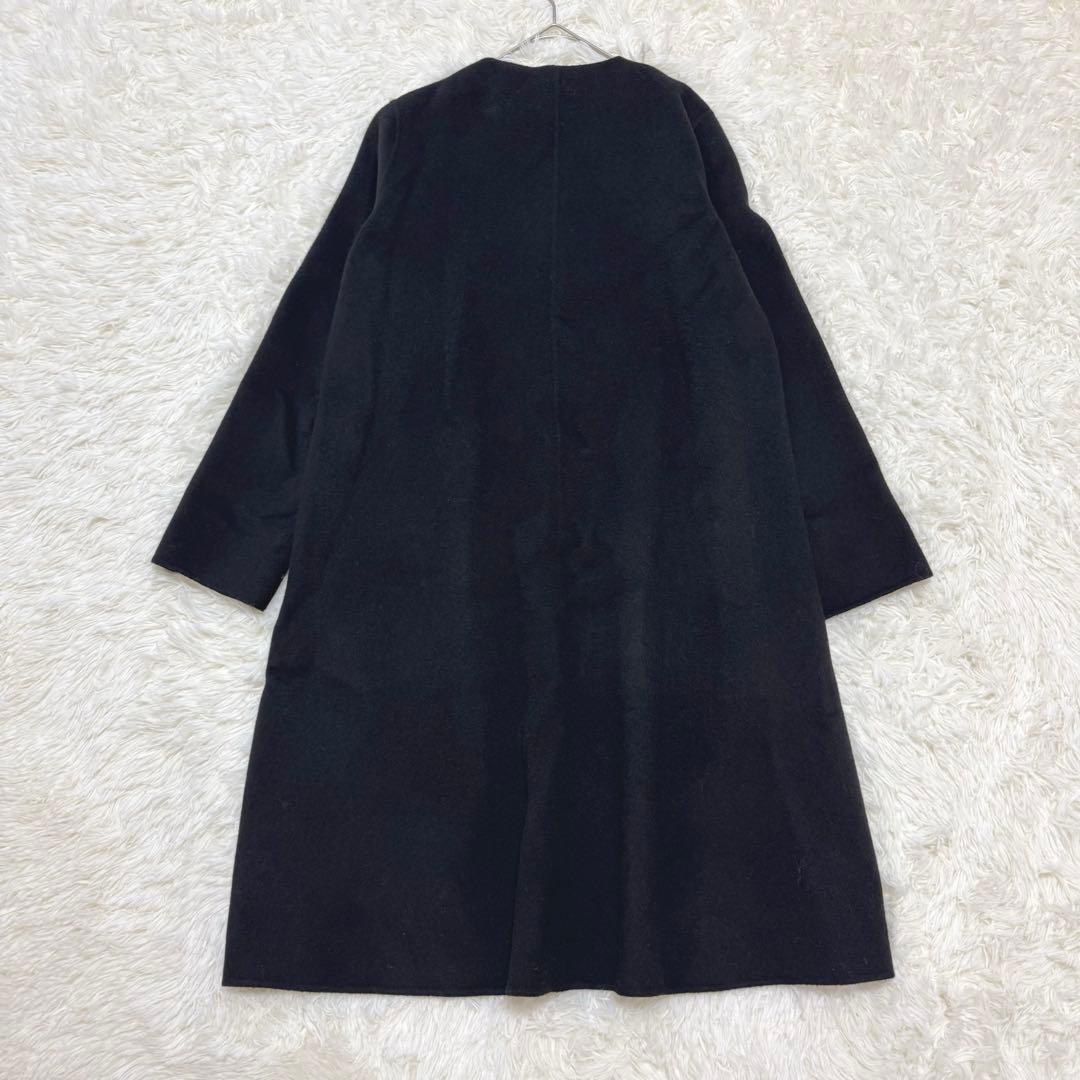 Theory ノーカラー ダブルフェイス ロングコート カシミヤ混 ブラック